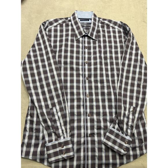 7 Diamonds Shirt Mens XL Brown Plaid Long Sleeve Button Up Dress Casual Modern - Picture 1 of 9